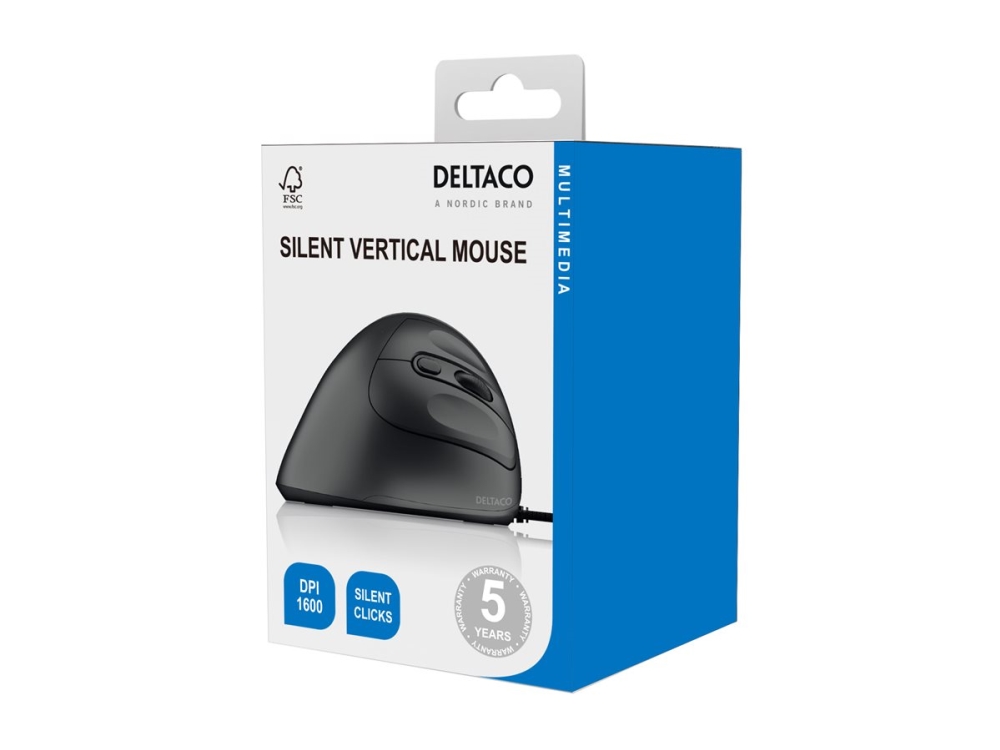Deltaco Ms-814 - Lodret Mus - Ergonomisk - Stille, 1000 - 1600 Dpi - 4 Knapper - Kablet - Usb - Sort - Hængeboks
