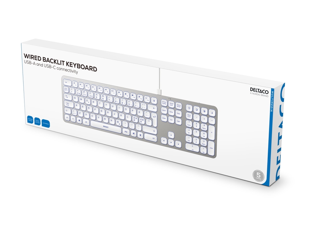 DELTACO TB-904 - Tastatur - lavprofil, aluminium - full size - bagbelyst - USB, USB-C - QWERTY - Nordisk - sølv, hvid