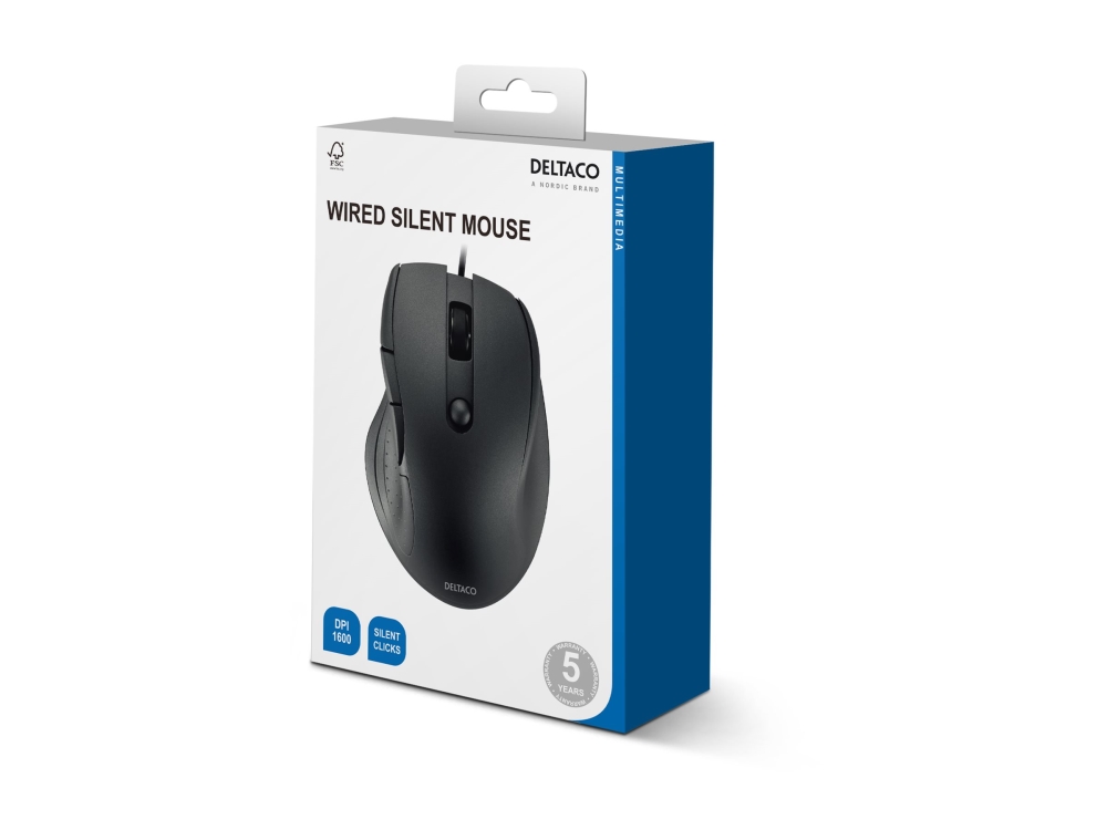 Deltaco - Mus - Stillegående, 600-1600 Dpi, Kontor - 5 Knapper - Kablet - Usb - Sort - Hængeboks