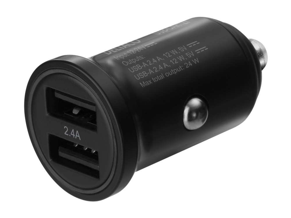 DELTACO USB-CAR127 - Strömadapter för bil - 24 Watt - 2.4 A - 2 utdatakontakter (USB) - svart