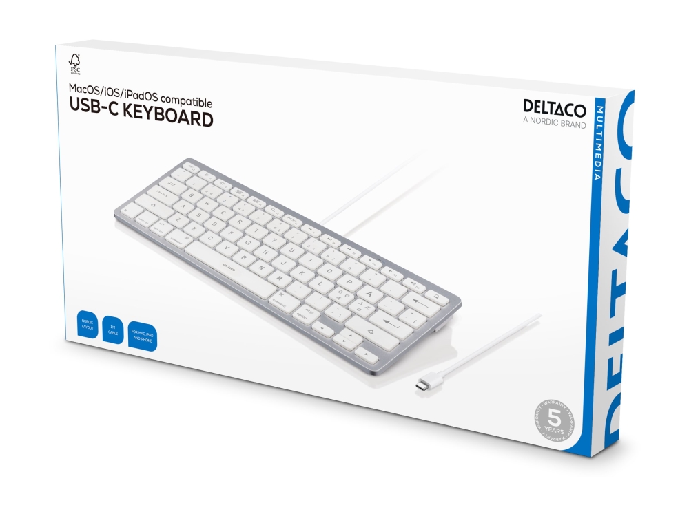 DELTACO TB-126-C - Tastatur - for iOS/MacOS - 60% - USB-C - QWERTY - Nordisk - hvid, sølv