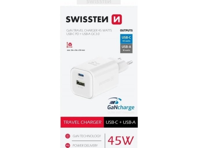 Swissten Reise-Ladegerät Gan - Usb-C/Pd Usb-A - 18W Qc / 45W
