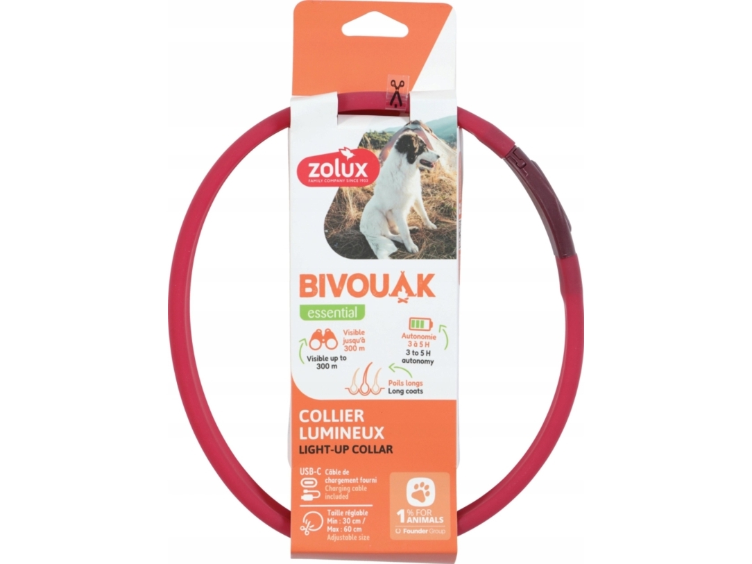 Zolux Zolux Led-Hundehalsbånd Lysende Silikone Lang Pels Bivouak Rød
