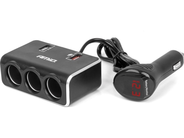 Trijų Lizdų Prailgintojas Su Įkrovikliu Ir Skaitmeniniu Ekranu 2X Usb-A Qc 3.0 12/24V 120W 80 Cm Amio-04364