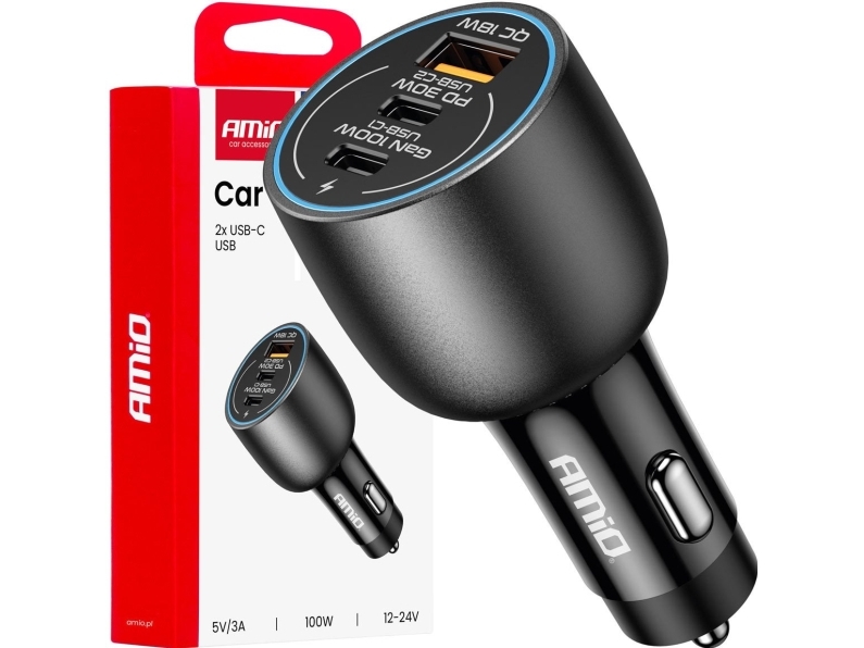 Biloplader 2X Usb-C + Usb-A 12V 24V 100W Amio-04371