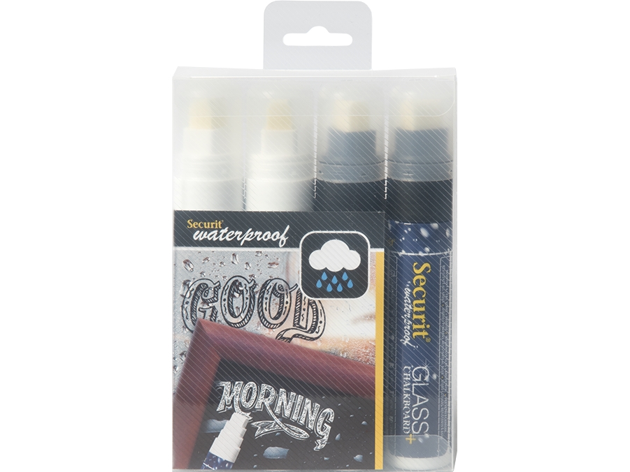 Securit Waterproof Glass + Chalkboard Markers, Large Nib, Wallet 4-Pack, 2 White/2 Black (Sma820-V4-Bw), Sort, Hvid, Blok, Lugtfri, 4 Stk
