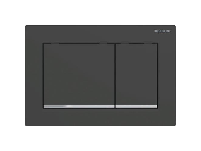 Geberit Omega30 Betätigungsplatte, Eckig, Zweimengenspülung, Druckknopf: Mattschwarz, Designstreifen: Glänzendes Chrom