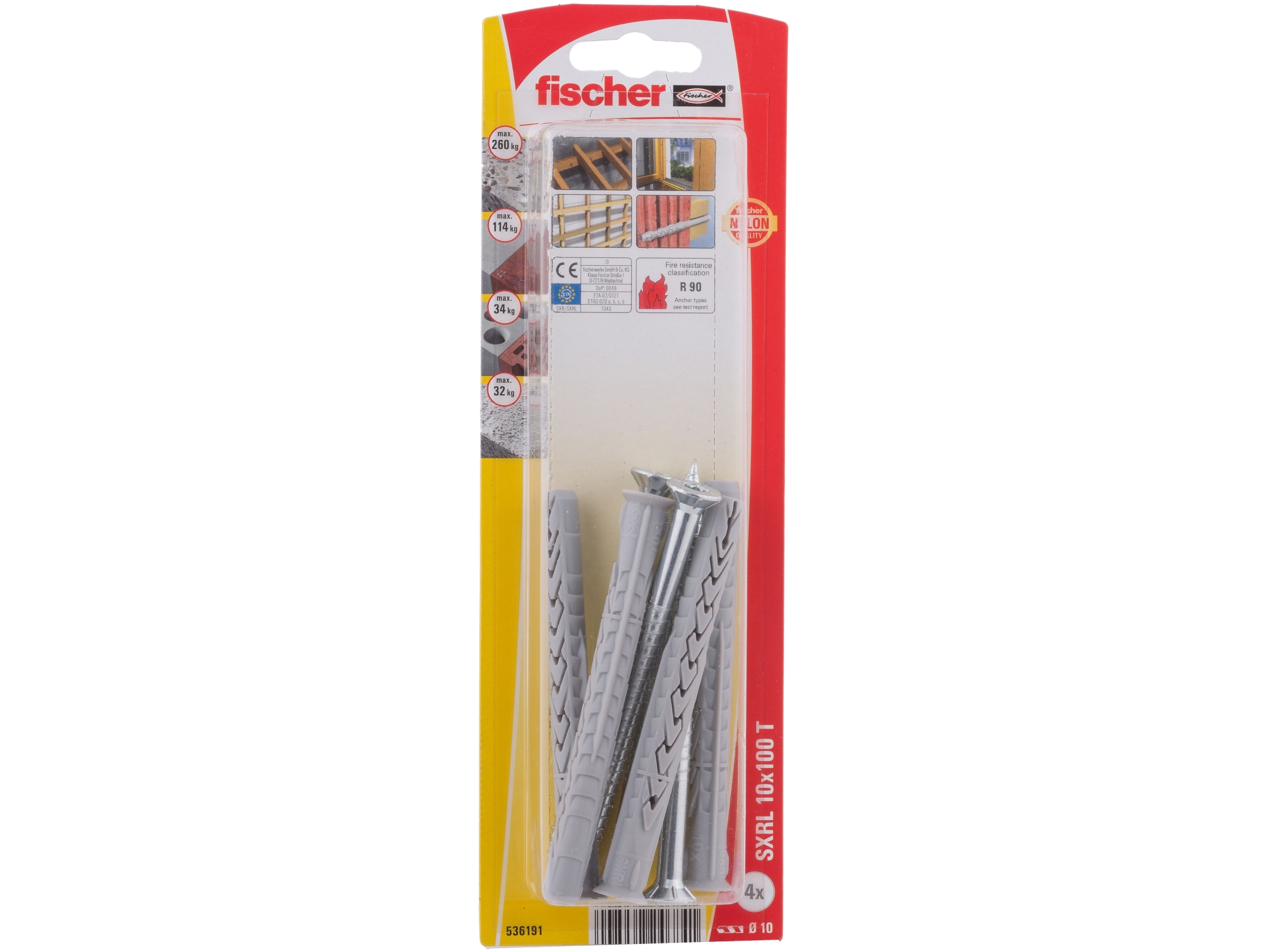 Fischer SXRL 10 x 100 T K NV Plug med langt skaft 100 mm 536191 1 sæt - Udvendig diameter: 10 mm- Velegnet til (byggematerialer): lodret perforerede mursten, hule blokke, luftbetonvægge, massive kalksandsten, varmeisoleringsblokke, perforerede kalksandsten, beton, natursten, massive gipsplader- Produktdetaljer, 4 stk