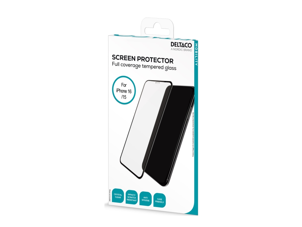 DELTACO - Skærmbeskytter for mobiltelefon - fuld dækning - 2.5D - glas - rammefarve sort - for Apple iPhone 15, 16