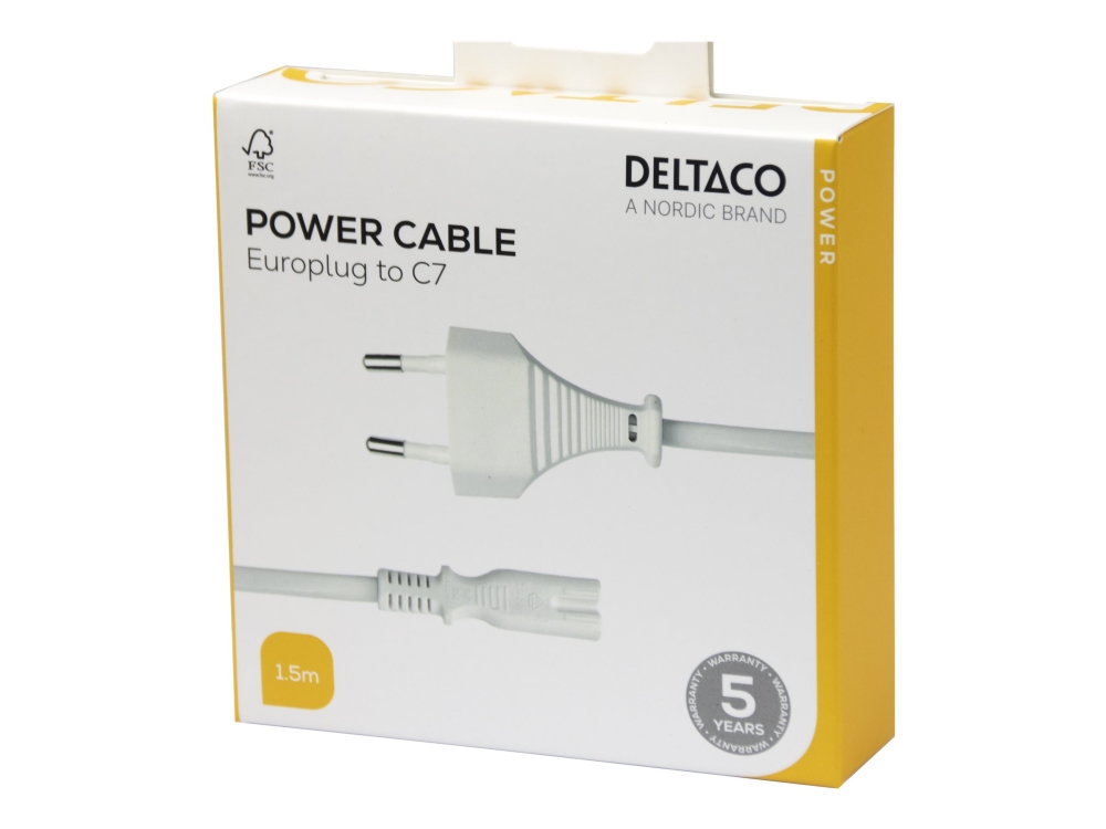 DELTACO - Strømkabel - Europlug til power IEC 60320 C7 - 1.5 m - hvid
