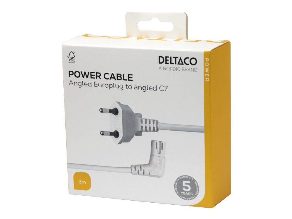 Deltaco - Stromkabel - Eurostecker Gewinkelt Auf Strom Iec 60320 C7 Gewinkelt - 3 M - Weiß