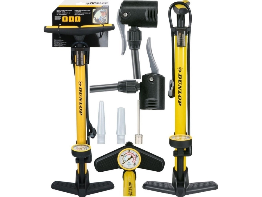 Dunlop værksteds- og cykelpumpe 160psi (11bar) med trykmåler - gul