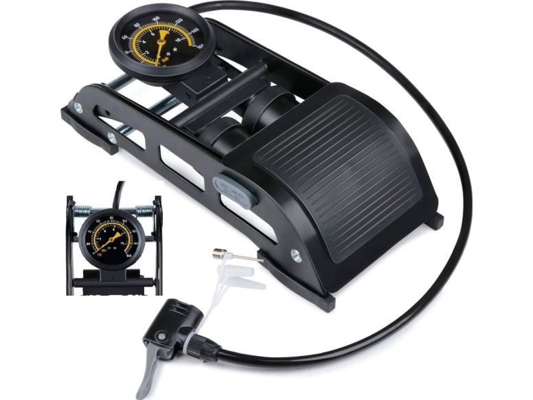 2-STEMPEL FODPUMPE MED TRYKMÅLER CYKEL BIL BOLD DUNLOP