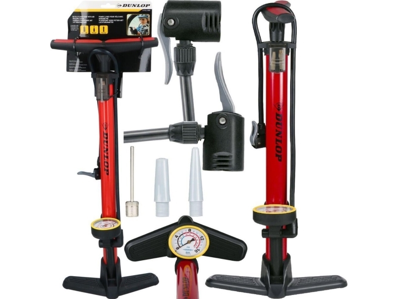 Dunlop fodpumpe til værksted/cykel 230 PSI (16 bar) med manometer rød