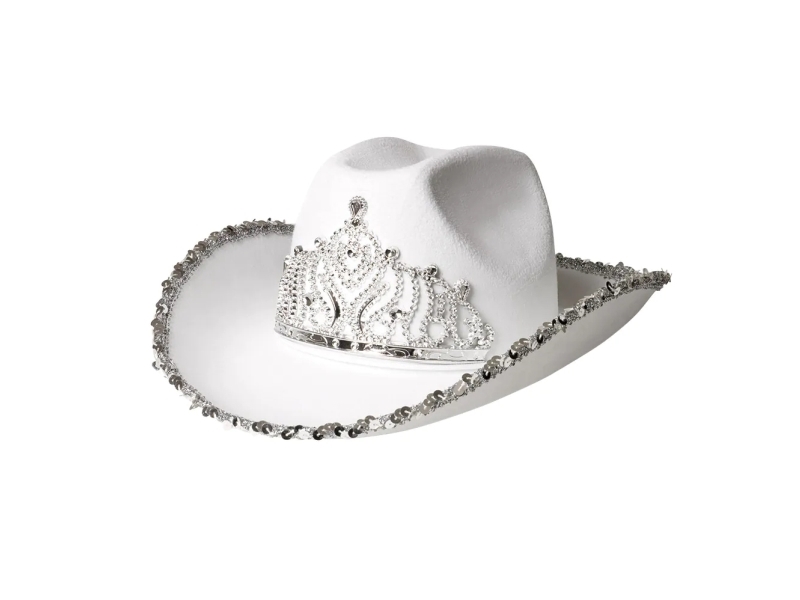 Hvid Cowboyhat med pailletter og diadem