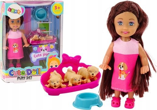 Leantoys Mini Puppe Langes Haar Kleid Drei Hundehöhle