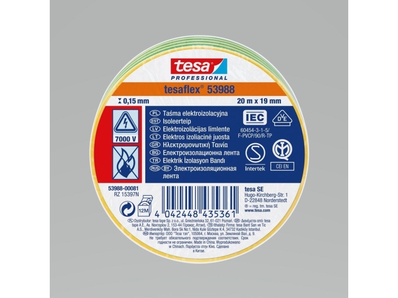 TESA VIHREÄ KELTAINEN ERISTYSTARRA 19mm x 20m 7000V