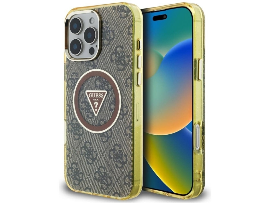 Guess Iml Metal Glitter 4G Circle Triangle Magsafe - Etui Do Iphone 16 Pro (Brązowy)