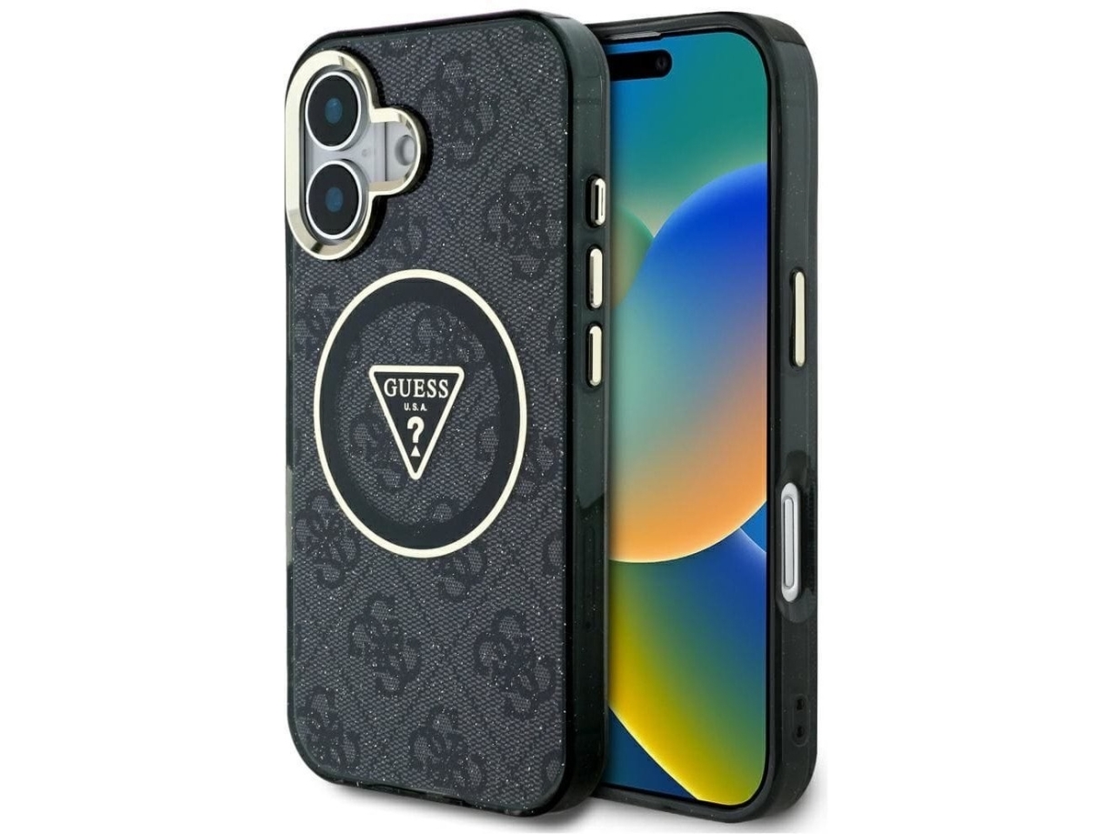 Guess Iml 4G Glitter Und Triangle Logo Magsafe Apple Iphone 16 Dėklas Telefonui Juodos Spalvos