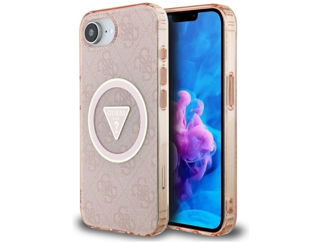 Guess Iml Metal Glitter 4G Circle Triangle Magsafe Dėklas Iphone 16E - Rožinis