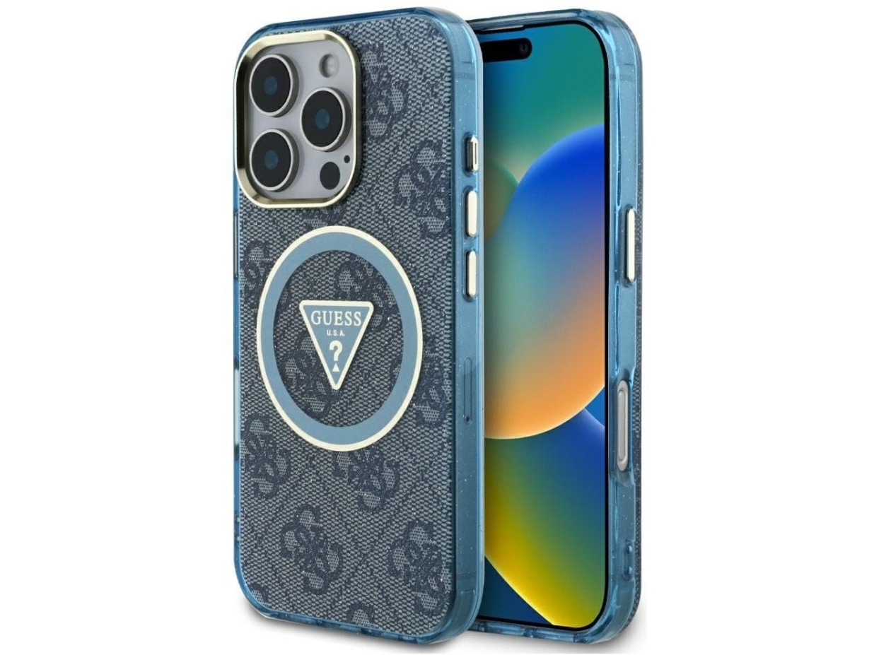 Guess Iml Metal Glitter 4G Circle Triangle Magsafe Dėklas, Skirtas Iphone 16 Pro Max - Mėlyna