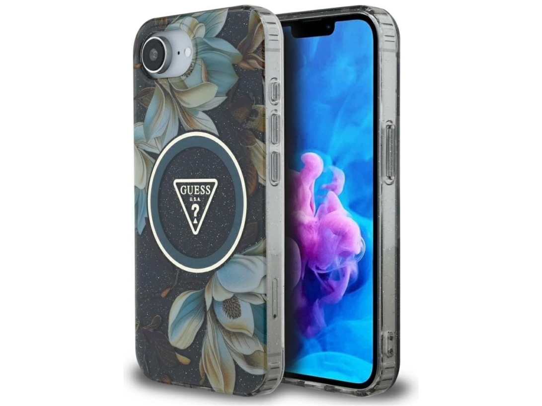 Guess Iml Metal Glitter Flowers Triangle Magsafe - Etui Do Iphone 16E (Czarny)