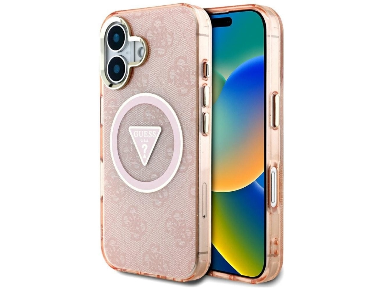 Guess Iml Metal Glitter 4G Circle Triangle Magsafe - Etui Do Iphone 16 (Różowy)