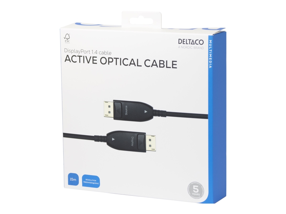 Deltaco - Displayport Kabel - Displayport (Han) Til Displayport (Han) - Displayport 1.4 - 15 M - Active Optical Cable (Aoc), 8K30 Hz Support - Sort