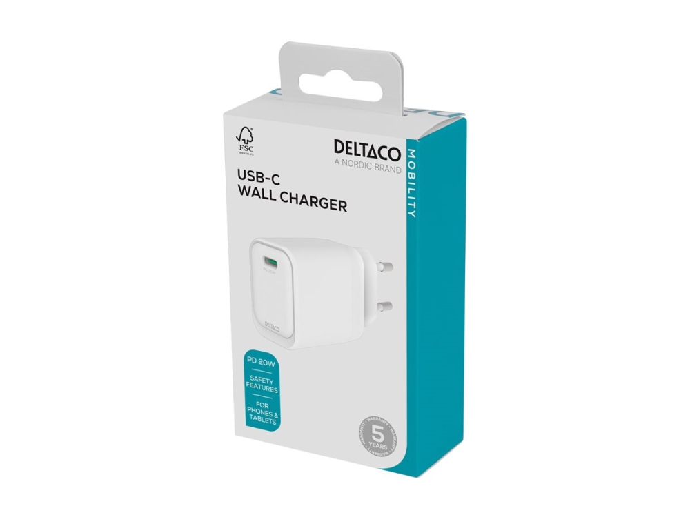 Deltaco - Strømforsyningsadapter - 20 Watt - 3 A - Pd/Pps (24 Pin Usb-C) - Hvid