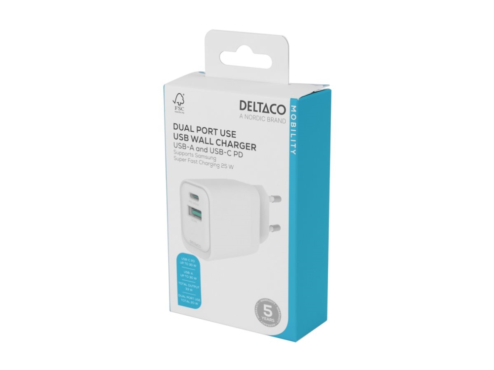 Deltaco - Strømforsyningsadapter - Gan - 33 Watt - Pd/Pps, Sfc - 2 Output-Stikforbindelser (24 Pin Usb-C, Usb) - Hvid
