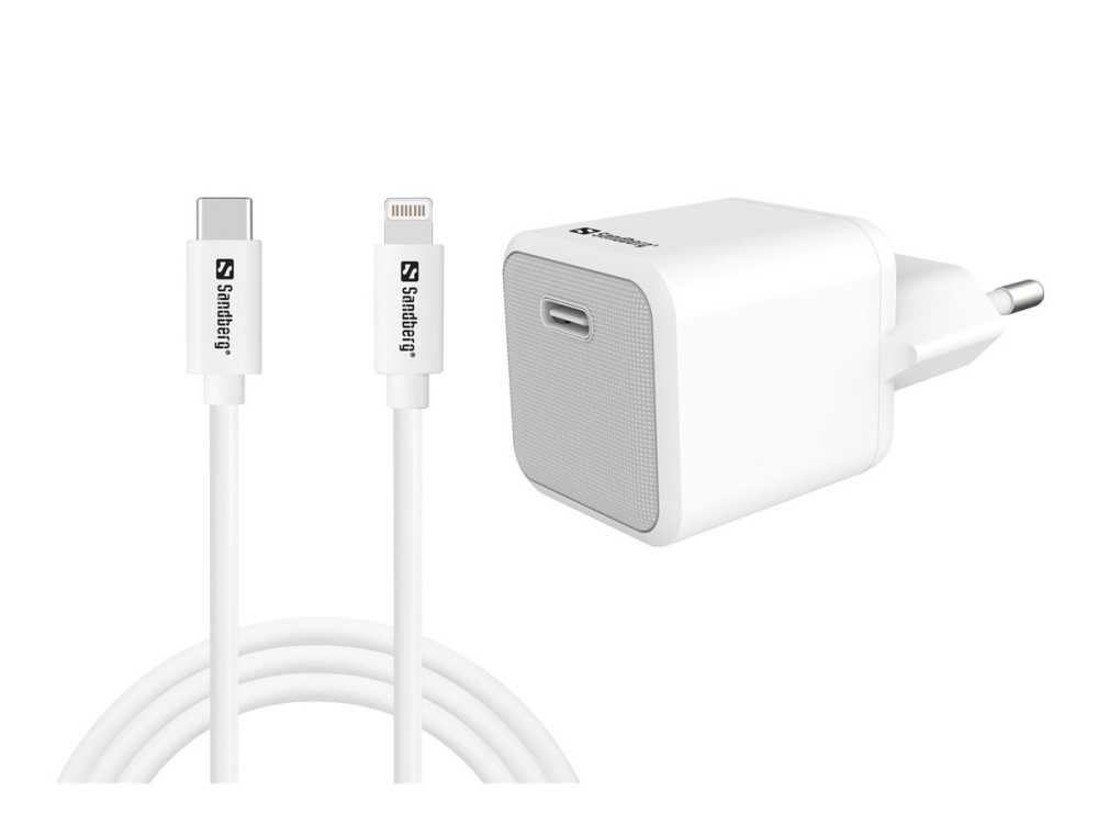 Sandberg - Strømadapter - 2-i-1 - 20 watt - 3 A - PD (24 pin USB-C) - på kabel: Lightning - hvit - Europa - med USB-C til Lightning-kabel (1 m)