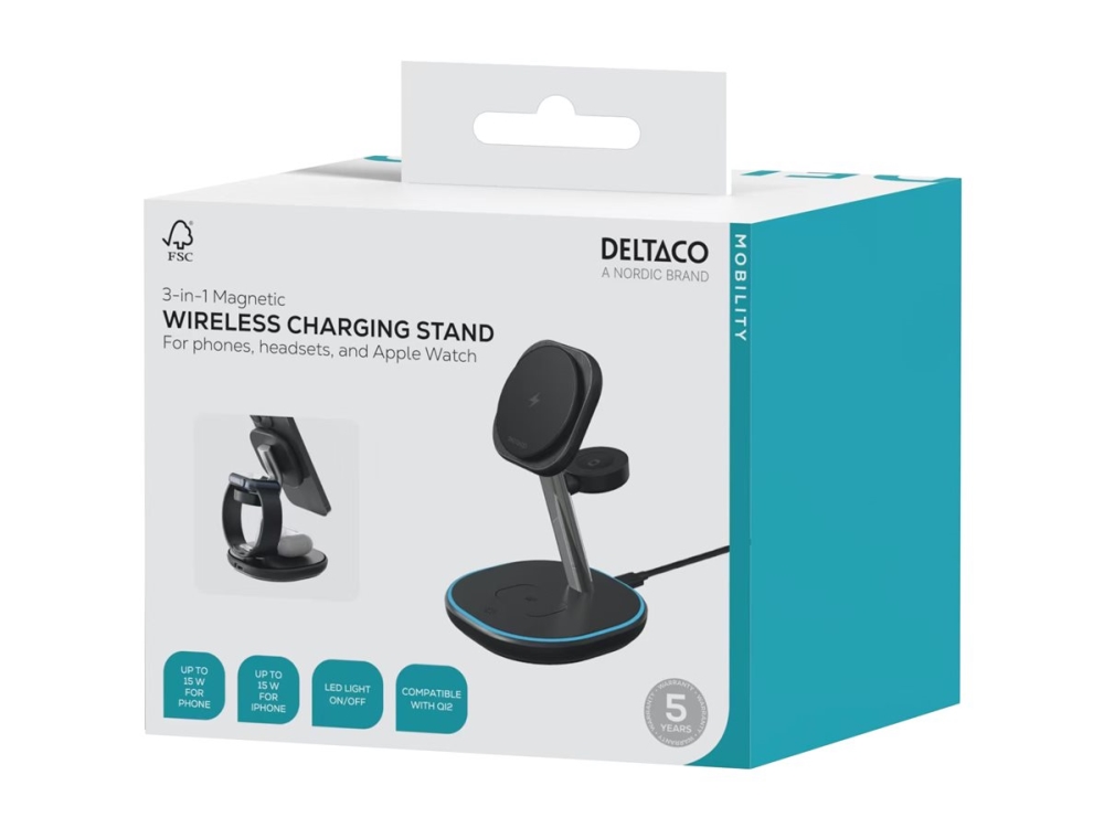 DELTACO - Trådløs opladningsstander - 3-i-1, magnetisk - 22.5 Watt - sort