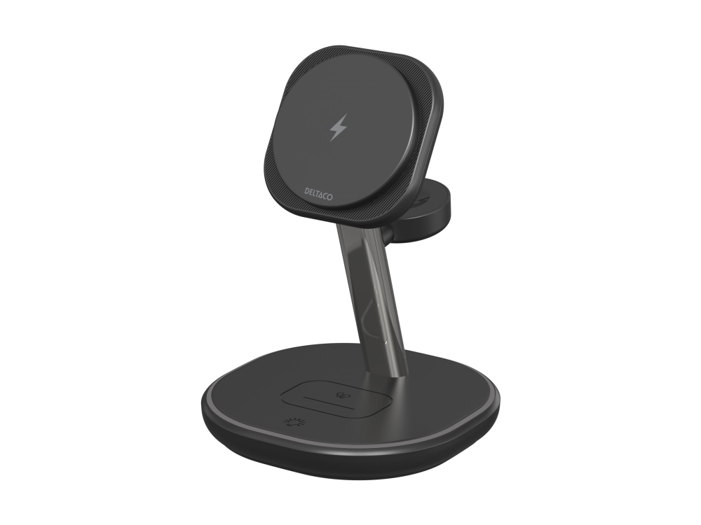 DELTACO - Trådløs opladningsstander - 3-i-1, magnetisk - 22.5 Watt - sort