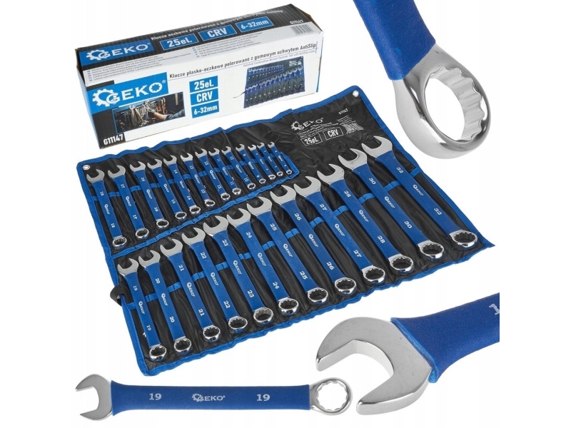 Geko Polierte Ringschlüssel Flach Mit Antislip-Gummigriff 6–32Mm 25-Tlg. Crv (4)