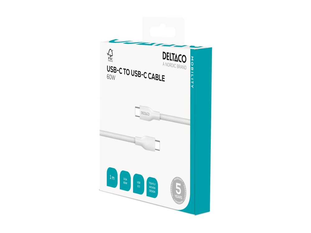 Deltaco - Usb-Kabel - 24 Pin Usb-C (Han) Til 24 Pin Usb-C (Han) - Usb 2.0 - 20 V - 3 A - 1 M - Usb-C Power Delivery (60 W) - Hvid