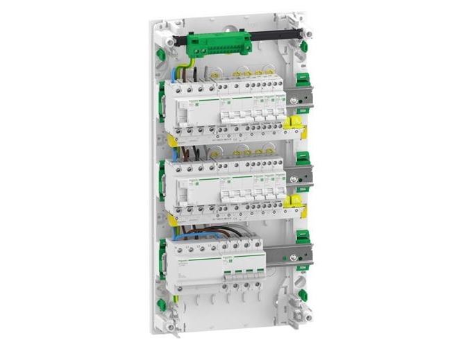Vormontierte Schalttafel Resi9 Xp Pw, 3 Reihen 13M: 1Xafb 1Xspd + 2Xrcd + 1Xc16a 1Pn + 5Xc10a 1Pn