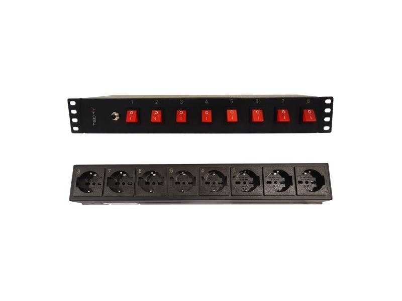 Techly I-CASE STRIP-815I, 1.5U, Vandret, Sort, 8 AC stikkontakt(er), Type F, Type F