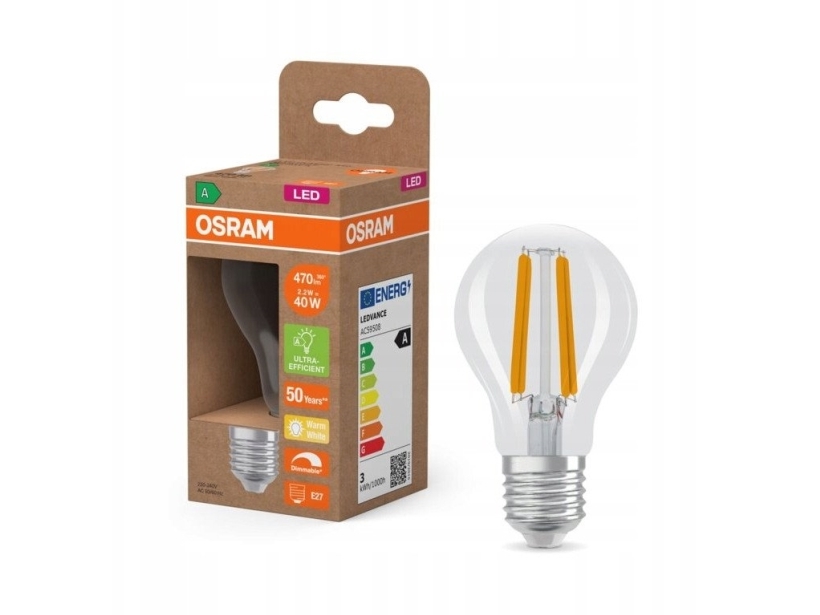 OSRAM LED standard glödtråd 470lm 2,2W/827 (40W) E27 energiklass A dimbar | Belysning - Ljuskälla - Lysrör | GameStuff
