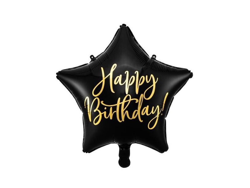 Folieballon Happy Birthday, Sort Stjerne