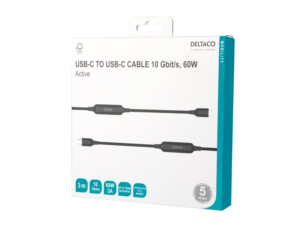 Kabel Deltaco Usb-C C-C Aktiv, 10Gbps, 3A, 3M / 1902002