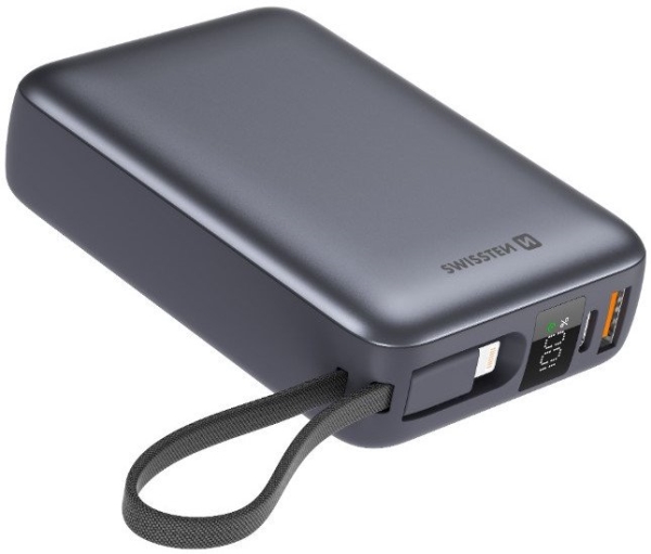 Swissten Power Bank 20000 Mah With Built-In Cables Usb-C And Lightning