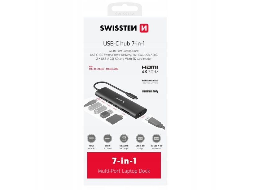 Swissten Daudzportu Klēpjdatora Dokstacija Usb-C Hub 7In1 Usb-C 100W / Hdmi 4K / Usb-A 3.0 / 2X Usb-A 2.0 / Sd / Microsd