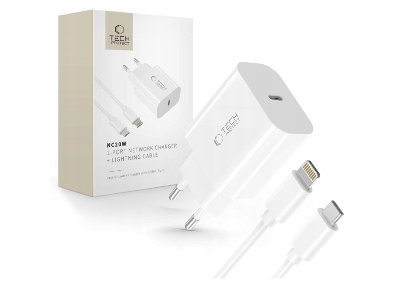 Tech-Protect Nc20w 1-Port Network Charger Pd20w + Lightning Cable White