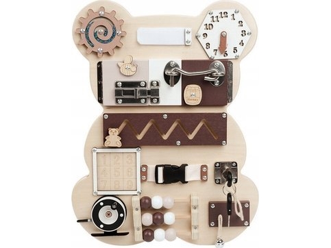 Lean Toys Medinė jutiklinė lenta su meškiuku – 14 įvairių elementų