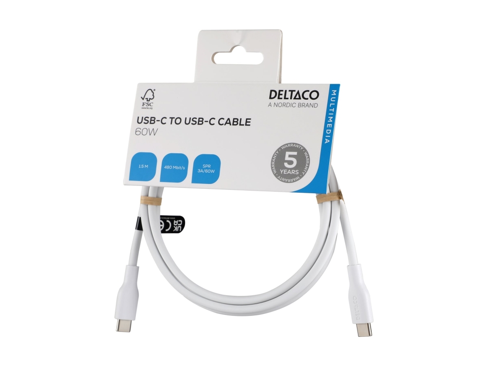 Deltaco - Usb-Kabel - Usb-C (Han) Til Usb-C (Han) - Usb 2.0 - 3 A - 1.5 M - Spr - Hvid