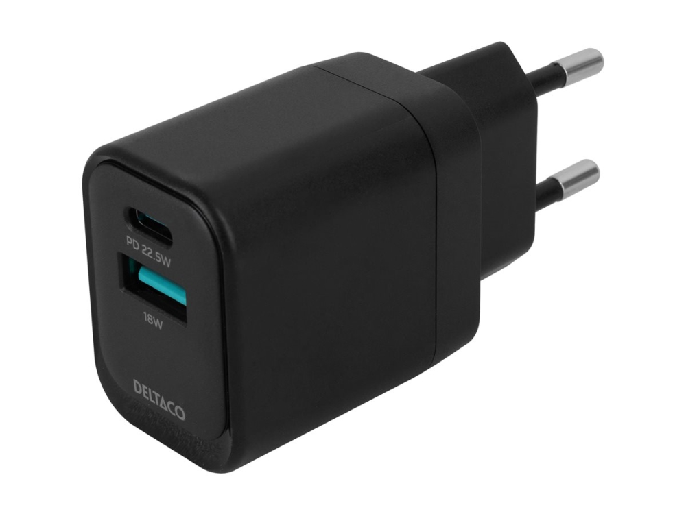 Deltaco – Strømforsyningsadapter – 20 Watt – Pd – 2 Output-Stikforbindelser (Usb, 24 Pin Usb-C) – Sort
