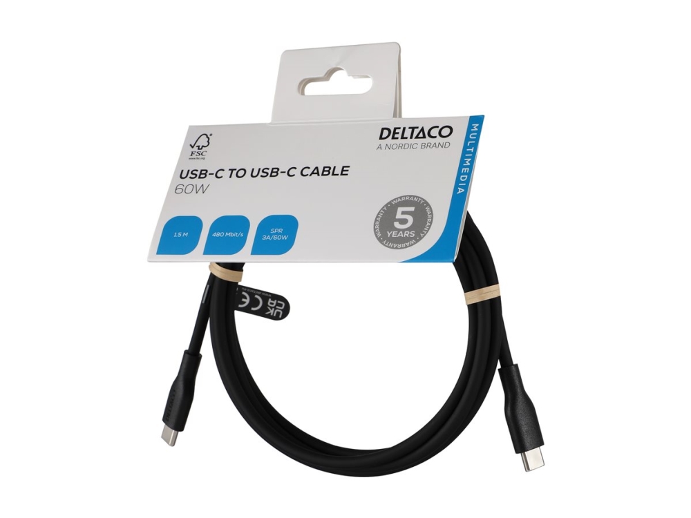 Deltaco - Usb-Kabel - 24 Pin Usb-C (Han) Til 24 Pin Usb-C (Han) - Usb 2.0 - 3 A - 1.5 M - Spr - Sort