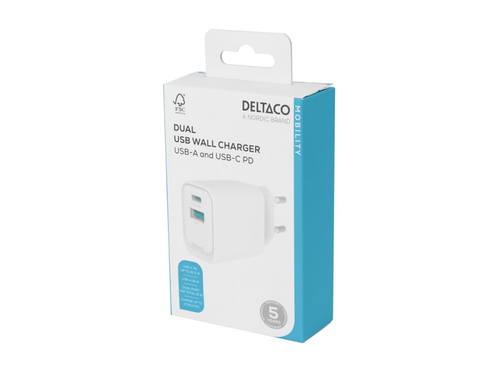 USB-väggladdare DELTACO, 1x USB-A 18 W, 1x USB-C PD 20 W, vit/ USBC-AC154 / 1903153 | Tele & GPS - Batteri & Laddare - Laddare | GameStuff