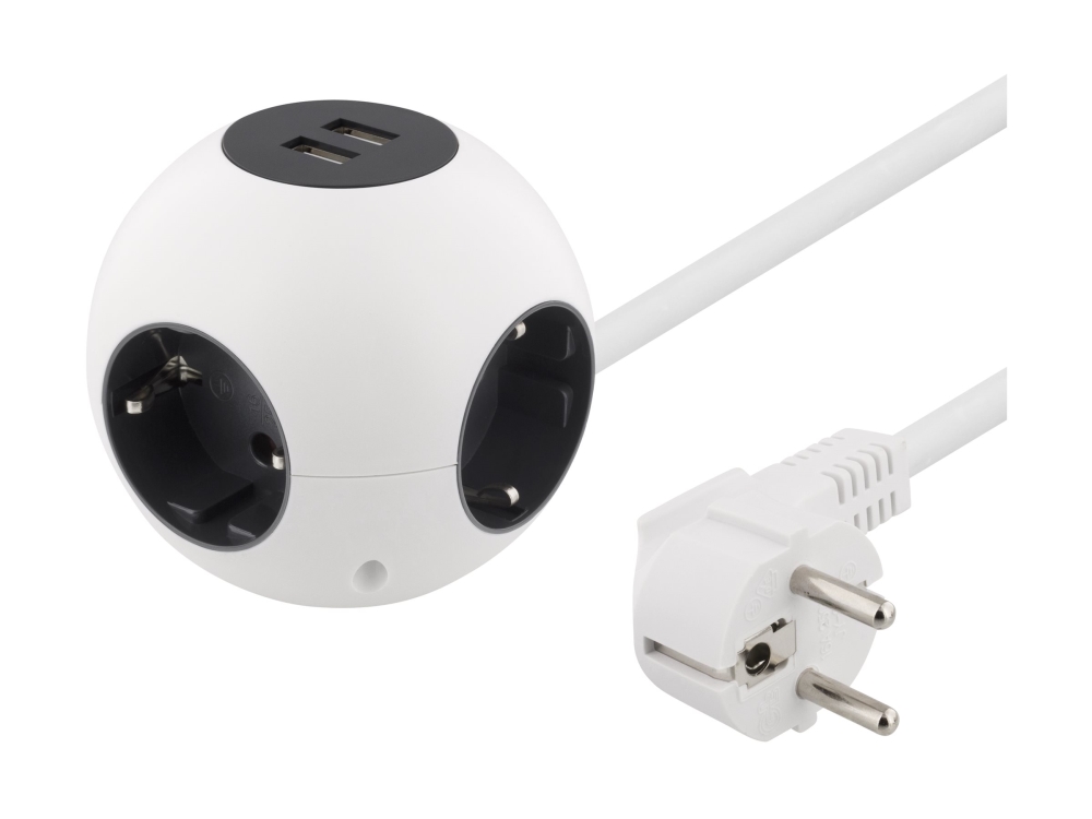 DELTACO - Effektband - 3680 Watt - ingång: power CEE 7/7 - utgångskontakter: 6 (2 x USB, power CEE 7/3) - 1.5 m sladd - vit | Stickproppar och uttag | GameStuff