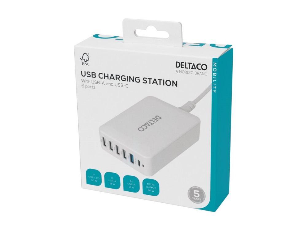 DELTACO - Laddningsstation - 60 Watt - 1.5 A - PD - 6 utdatakontakter (24 pin USB-C, 5 x 4-stifts USB typ A) - vit | Datortillbehör - Laddare & Batterier - Övriga nätaggregat | GameStuff